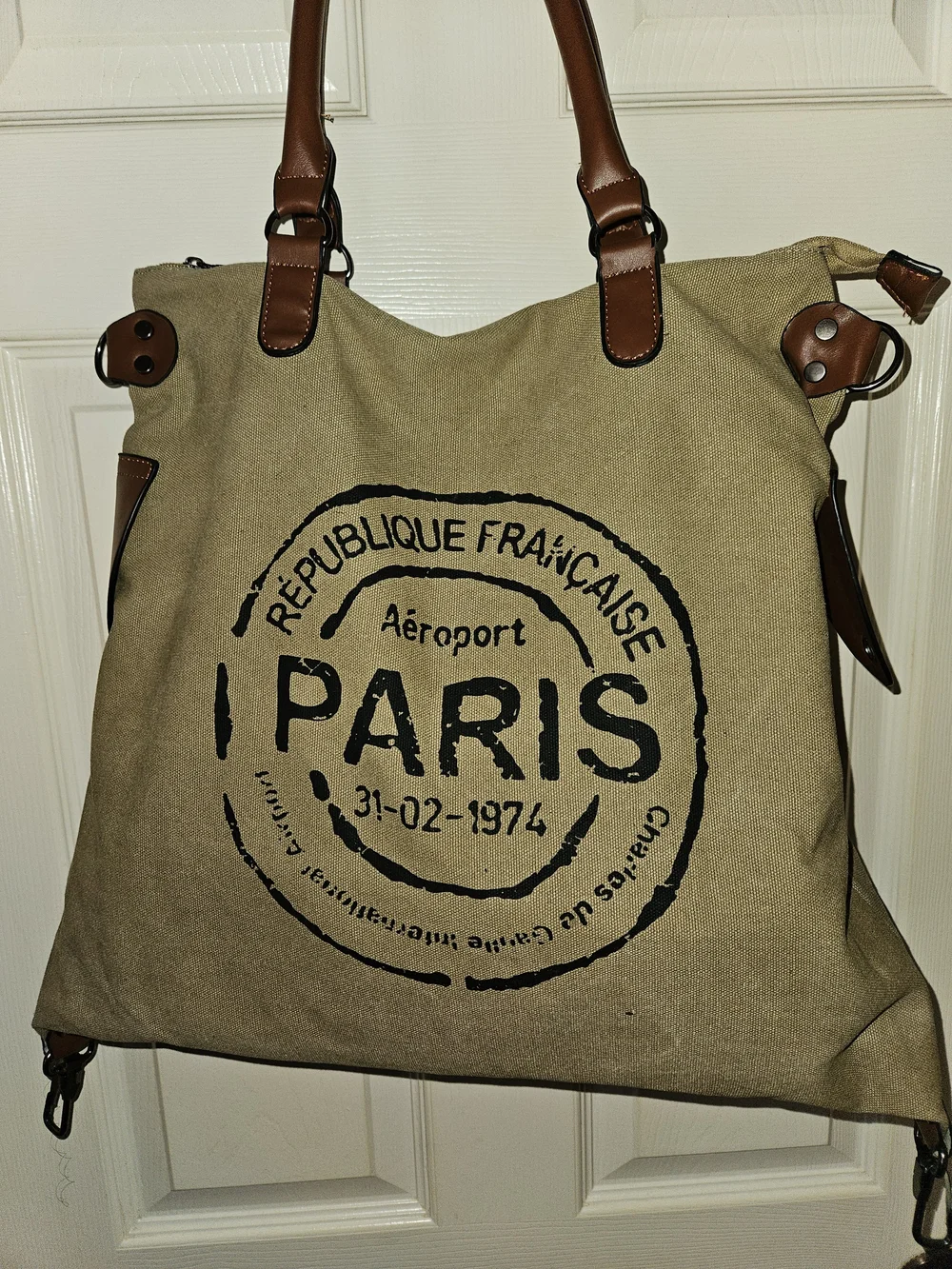 Canvas Paris Stamp Tote Bag with Brown Leather Handles